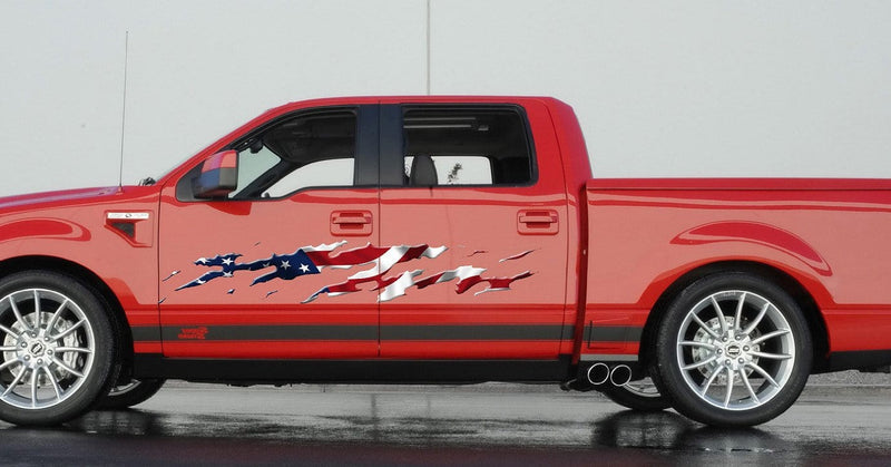 usa flag decals on red pickup